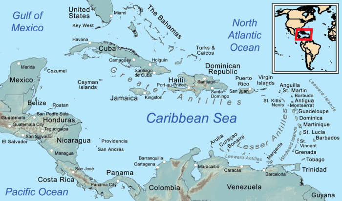 Karibų žemėlapis, kuriame pavaizduotos Pavėjinės salos dešinėje