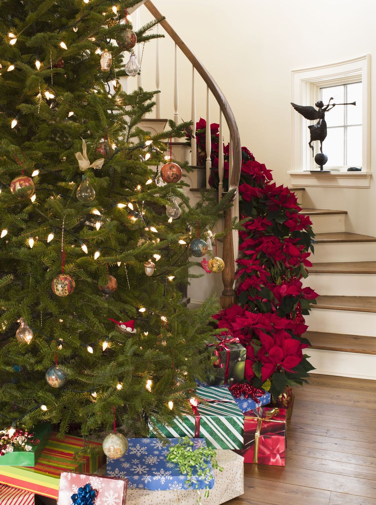 albero di natale, regali e scala curva fiancheggiata da stelle di Natale rosse